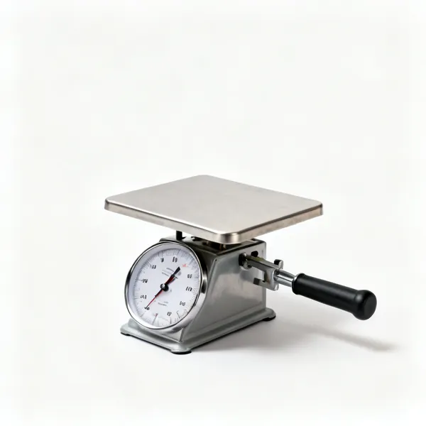 Platform scale: A metal platform weighing scale with a dial display