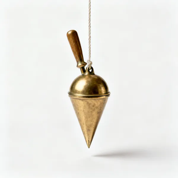 A brass plumb bob hanging on a string