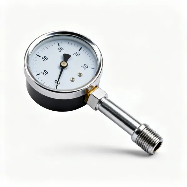 A round analogue pressure gauge with a threaded fitting