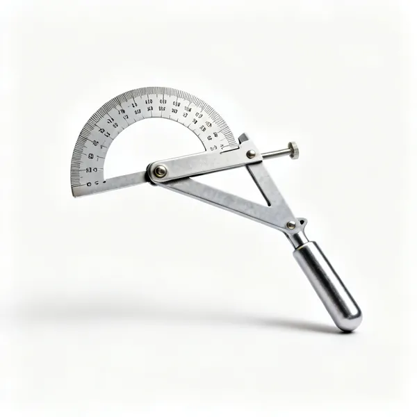 A metal protractor with a pivoting arm and degree scale