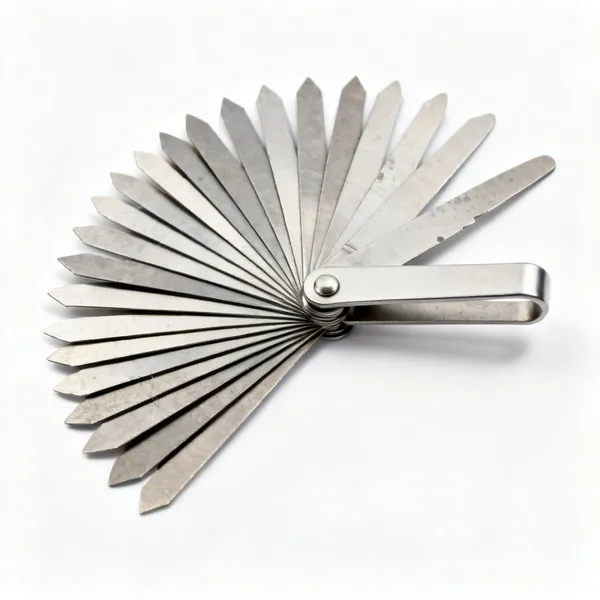 A set of radius gauge leaves fanned out