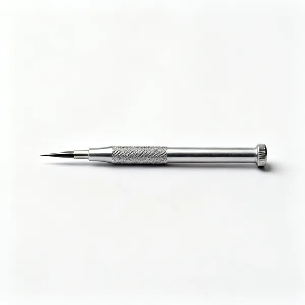 A metal scriber with a sharp hardened tip and knurled body