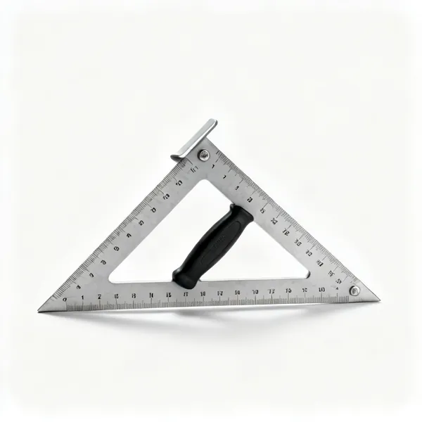 A triangular speed square with graduations and a raised lip