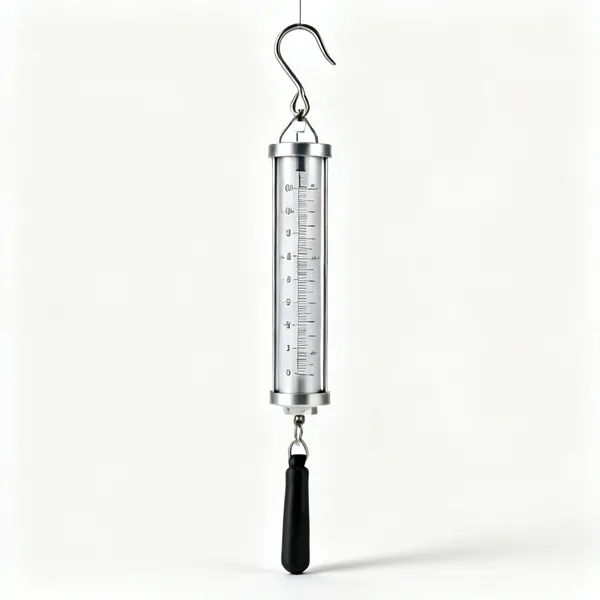 A hanging spring balance scale with a hook and a graduated barrel