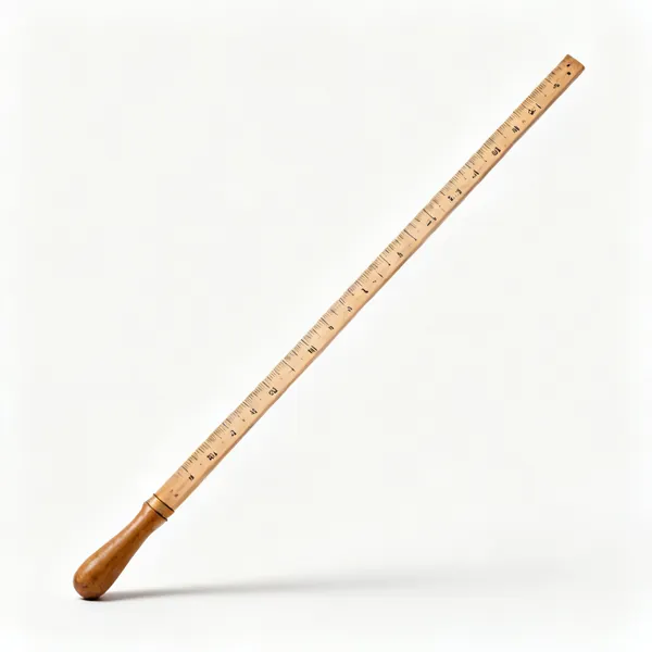 A long wooden story pole marked with pencil graduations