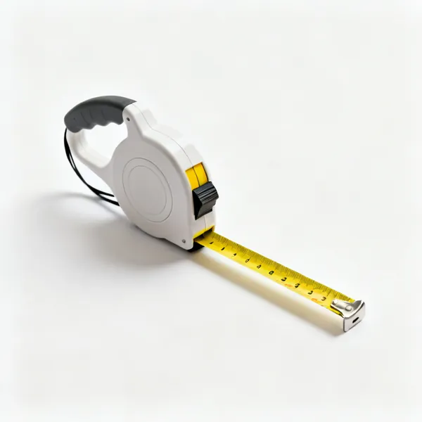 A retractable tape measure with a yellow blade and a belt clip
