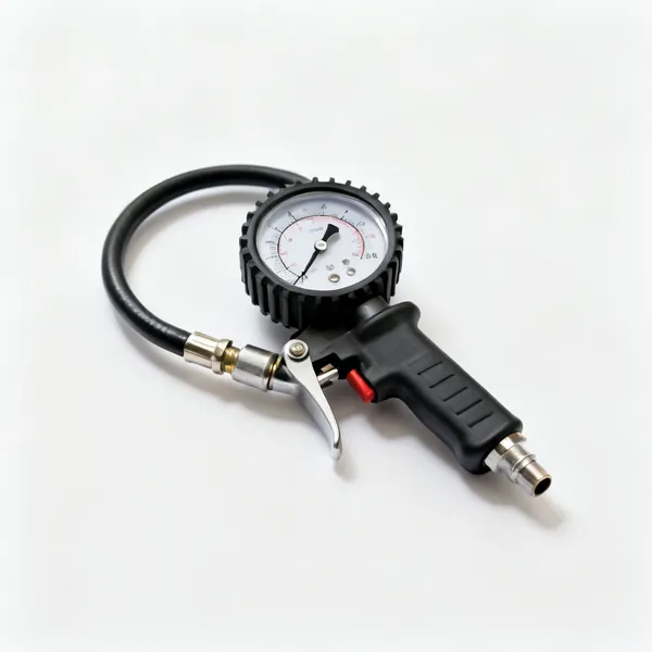 A dial tyre pressure gauge with a chuck and hose