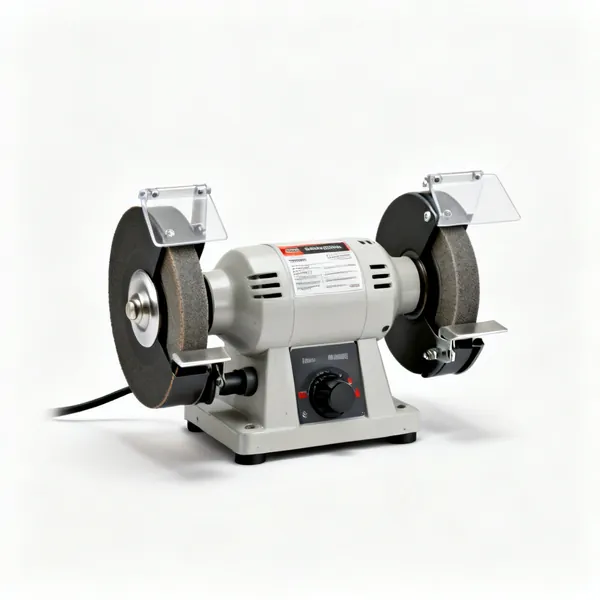 A bench grinder with two wheels