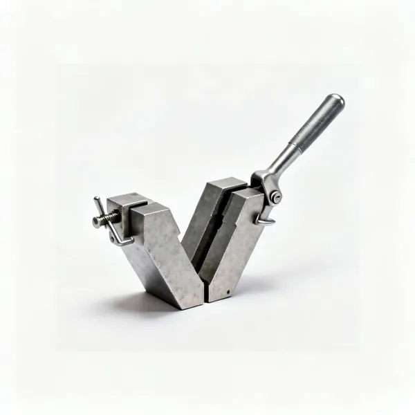 A pair of steel vee blocks with clamps