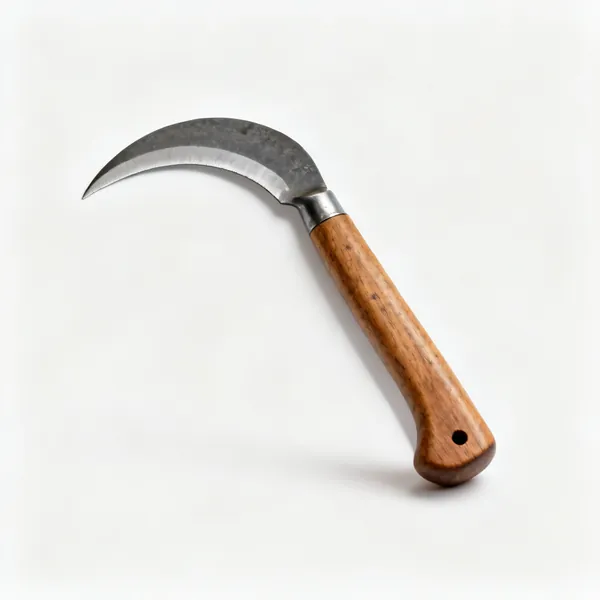 A curved billhook blade with a wooden handle