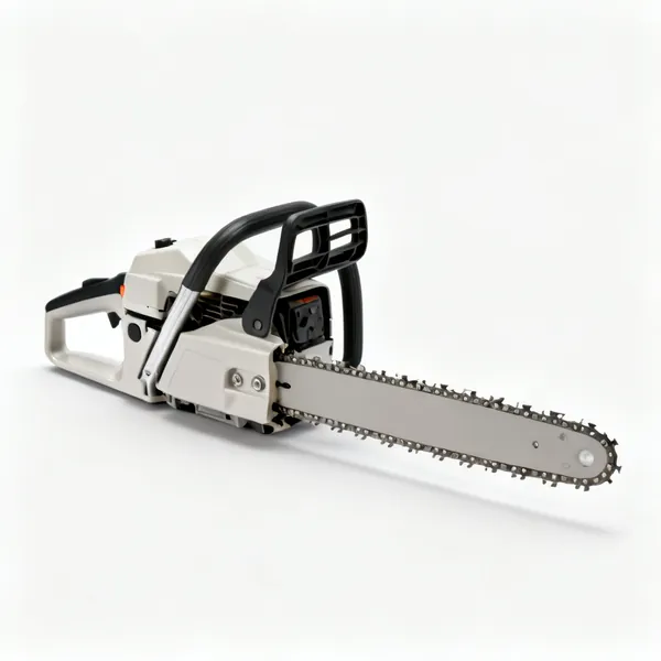 A petrol chainsaw with a bar and chain