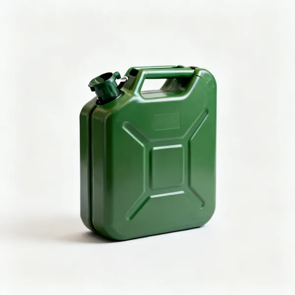 A green plastic jerry fuel can