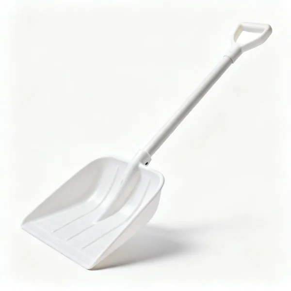 A wide plastic snow shovel