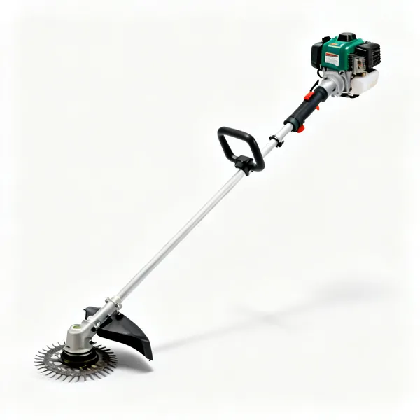 A petrol grass strimmer with a guard