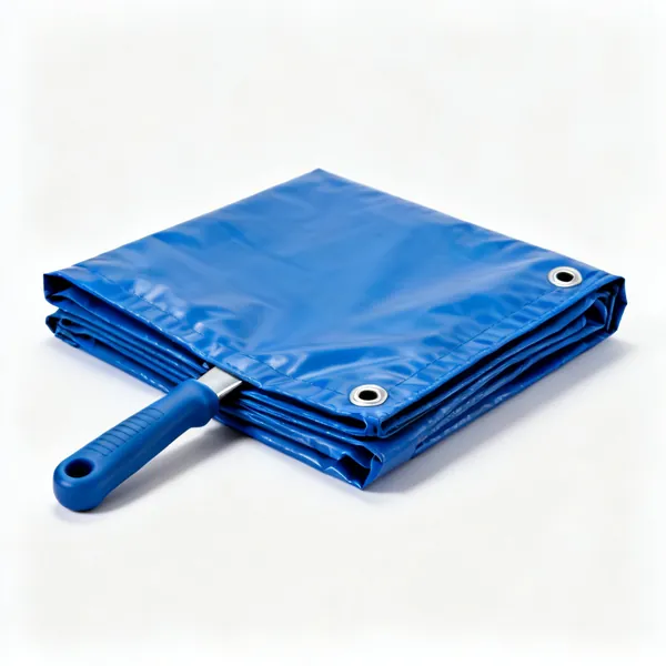 A folded blue tarpaulin with eyelets