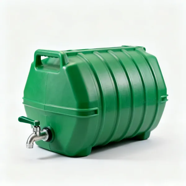 A green plastic water butt with a tap