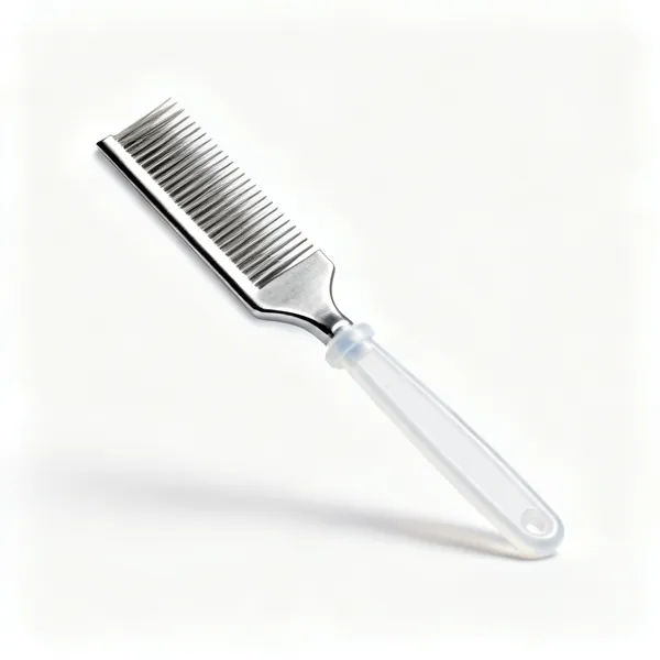 A metal paint brush comb with fine tines and a plastic handle