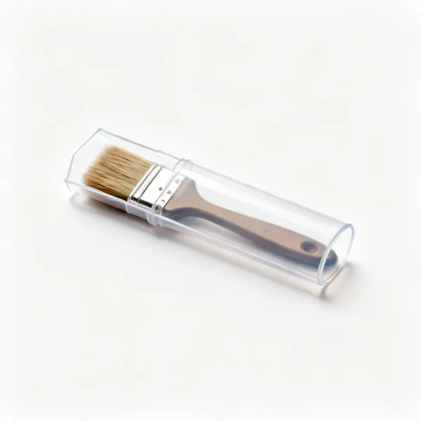 A plastic paint brush keeper sleeve with a brush inside
