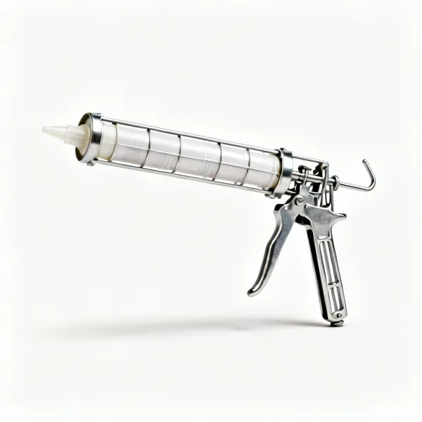 Caulk gun: A metal skeleton caulking gun with a cartridge fitted
