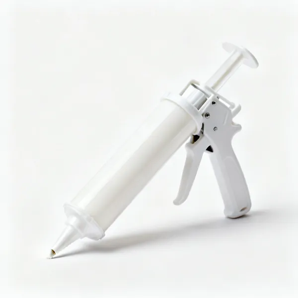 A cartridge of white decorator's caulk with a cut nozzle