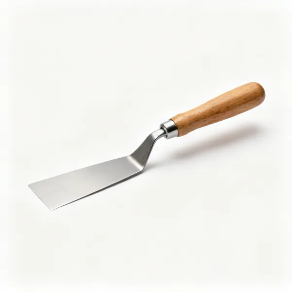 A flexible steel filling knife with a wooden handle