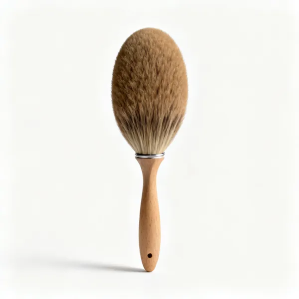 Oval brush: An oval paint brush with a rounded thick bristle head and a wooden handle