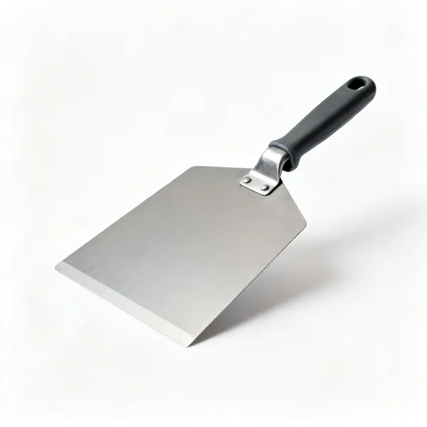 A flat rigid metal paint shield guard with a handle