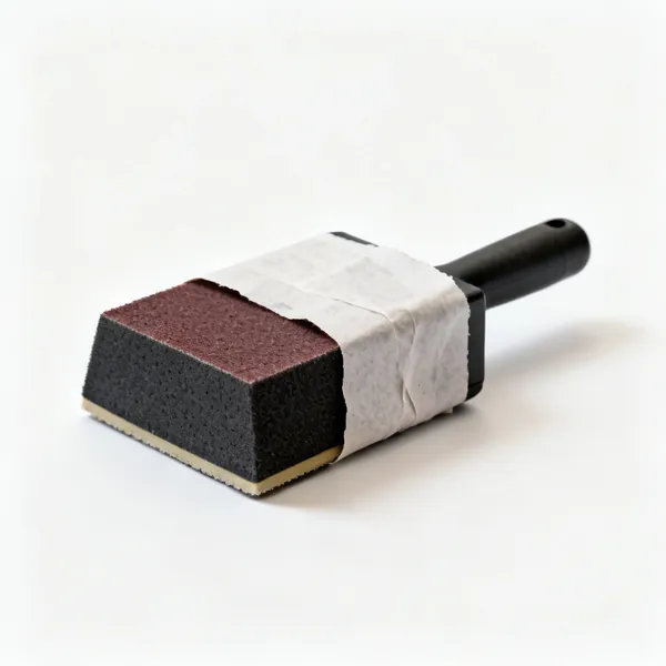 A rubber sanding block with abrasive paper wrapped around it