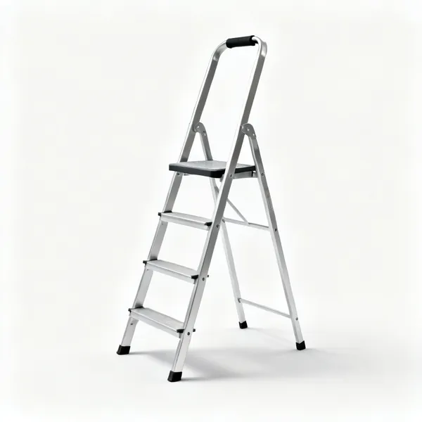 A folding aluminium step ladder with a platform top step