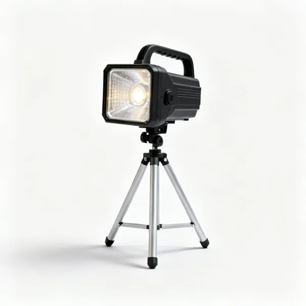 A portable LED work light on a folding stand