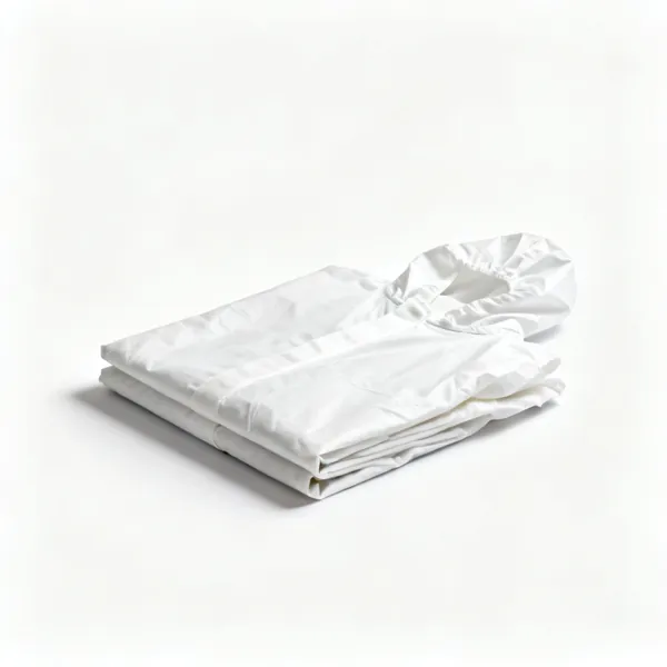 Disposable coveralls: A folded white disposable coverall suit