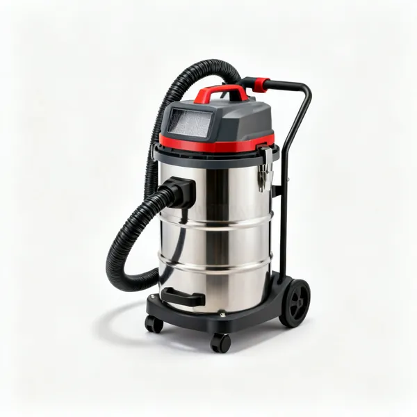 A workshop dust extraction vacuum with a hose and a filter housing