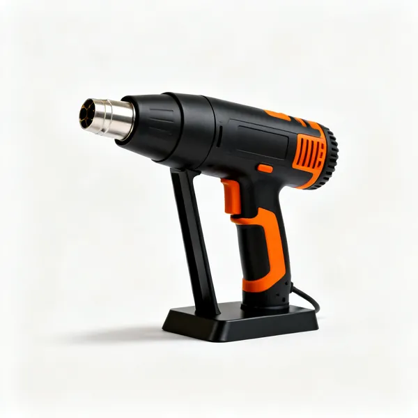 A black and orange electric heat gun with a nozzle and a stand