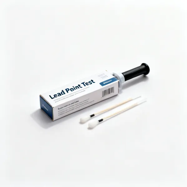 Lead test kit: A lead paint test kit box with two swab sticks beside it