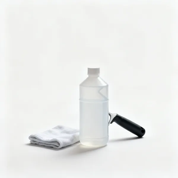 A plastic bottle of paint stripper neutraliser beside a cloth