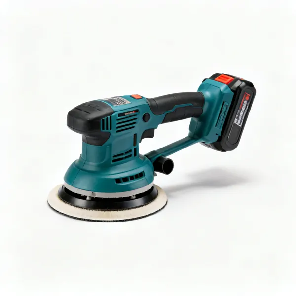 A cordless random orbit sander with a round pad and a dust port