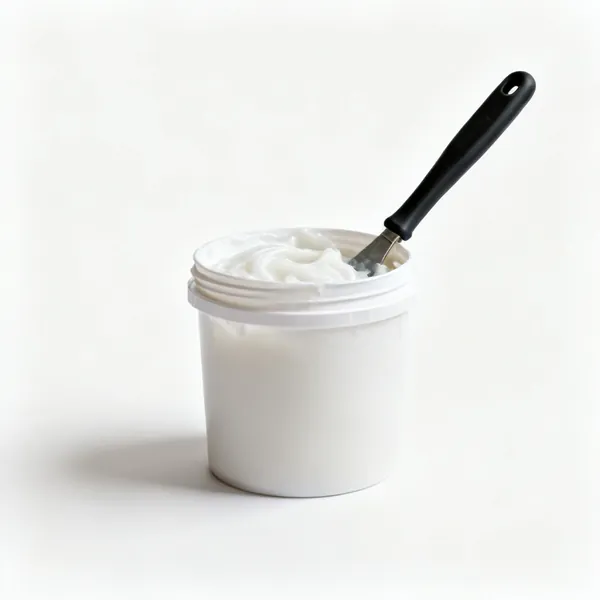 A tub of thick chemical paint stripper gel with the lid off