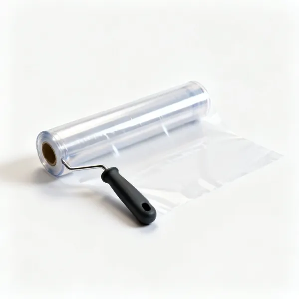 Plastic sheeting: A roll of clear plastic protective sheeting partly unrolled