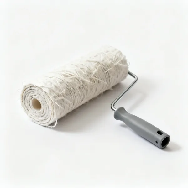 A partly unrolled coil of fibrous paint stripper poultice blanket material, centred with clear space at every edge