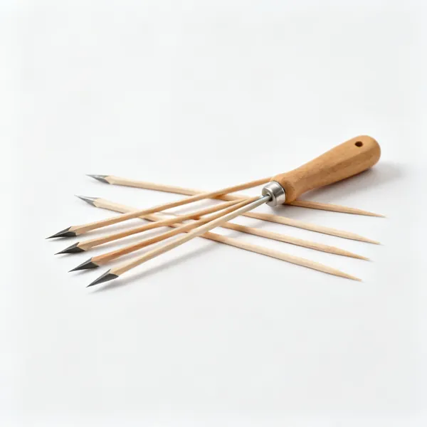 Several sharpened wooden sticks and skewers