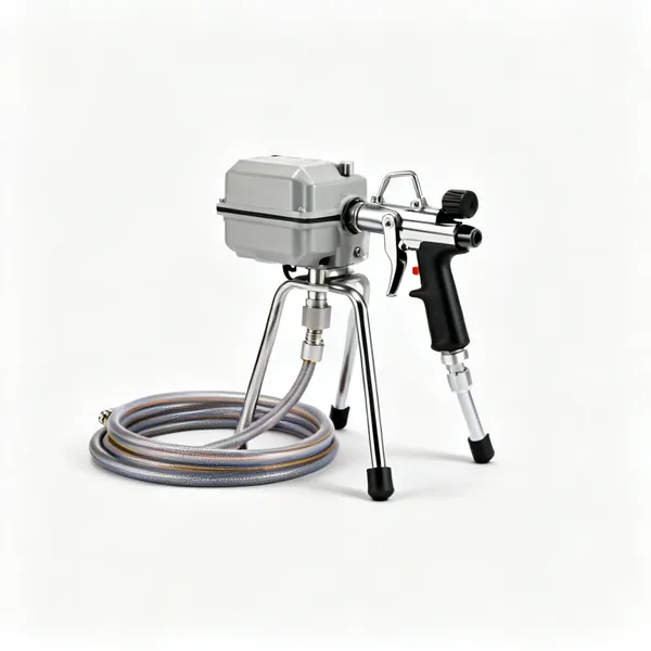 Airless sprayer: An airless paint sprayer unit with a pump housing, hose and spray gun