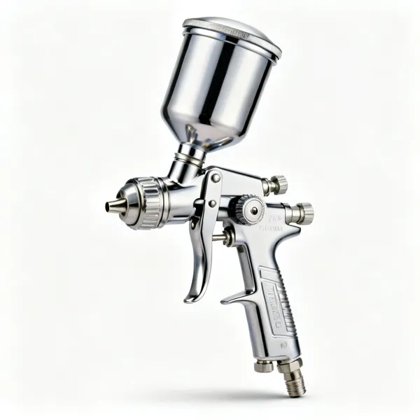 Compressed air gun: A chrome compressed air spray gun with a gravity feed cup and adjustment knobs