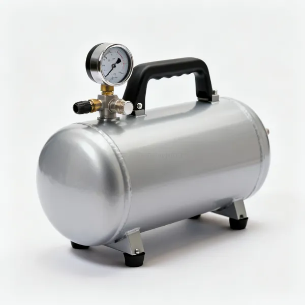 An air compressor with a horizontal tank, gauge and regulator