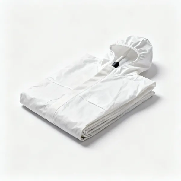 Coveralls: A folded white disposable coverall suit with a hood
