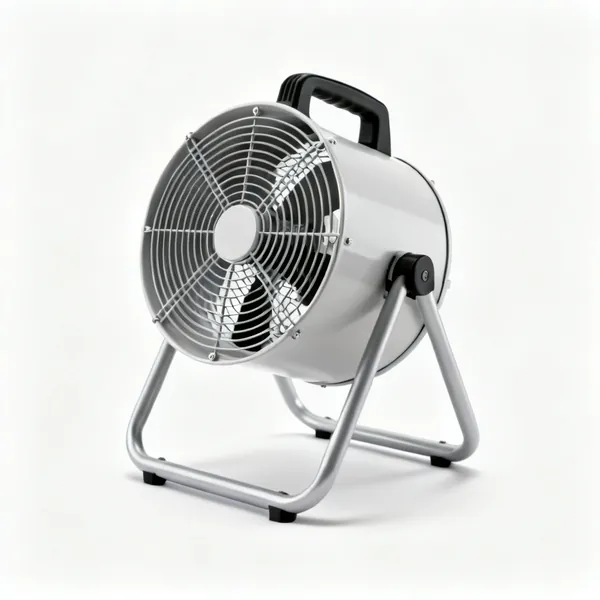 A portable industrial extraction fan with a round guard and a stand
