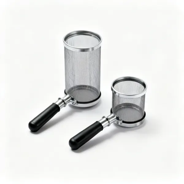 Two cylindrical mesh spray gun filters of different sizes