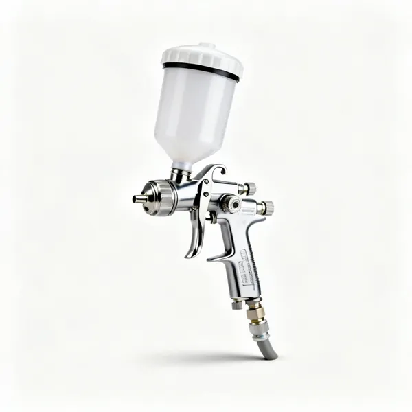 HVLP sprayer: An HVLP paint spray gun with a gravity feed cup and a turbine hose connection