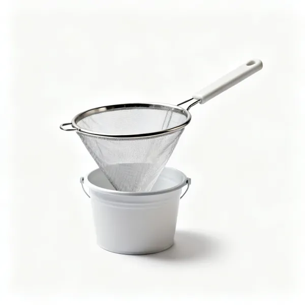A fine mesh paint strainer cone over a bucket rim