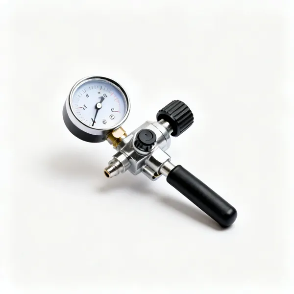 An air pressure regulator with a round gauge and an adjustment knob
