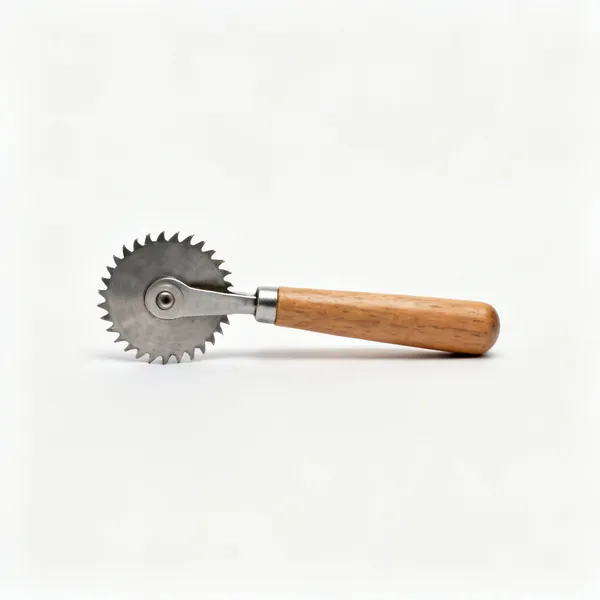 A small toothed casing wheel tool with a wooden handle